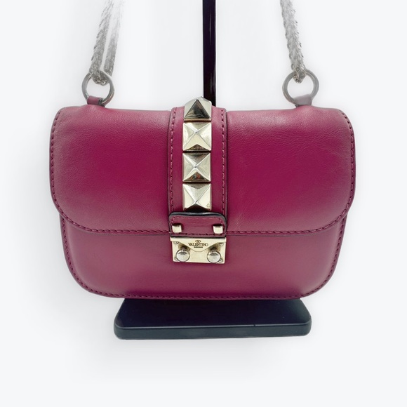 Auth Valentino Garavani Fuchsia Rockstud Small Flap Glam Lock Shoulder Bag - Picture 6 of 16
